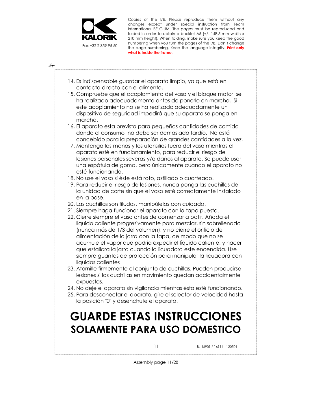 Kalorik 16911, usk bl 16909, 33029 manual Guarde Estas Instrucciones, Assembly page 11/28 