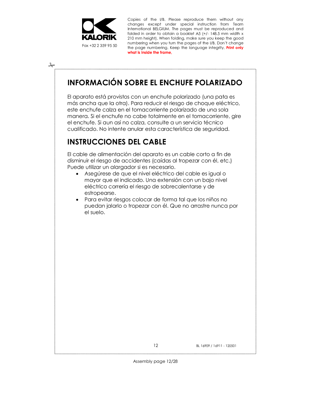 Kalorik usk bl 16909, 33029, 16911 Información Sobre EL Enchufe Polarizado, Instrucciones DEL Cable, Assembly page 12/28 