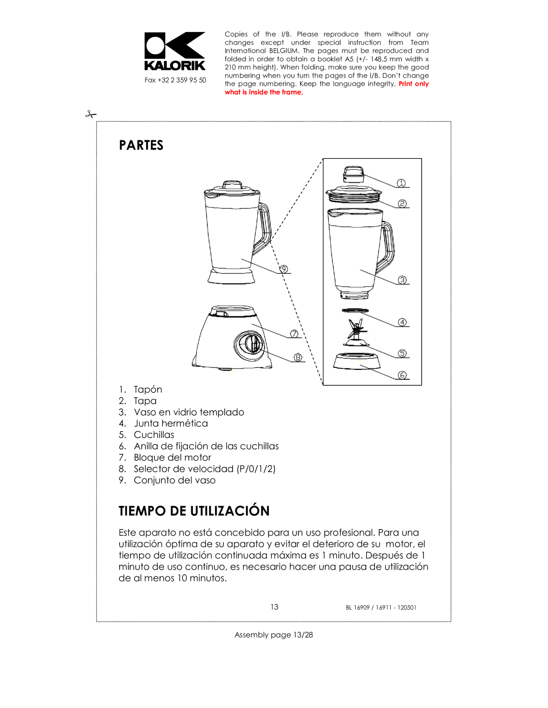 Kalorik 33029, usk bl 16909, 16911 manual Partes, Tiempo DE Utilización, Assembly page 13/28 