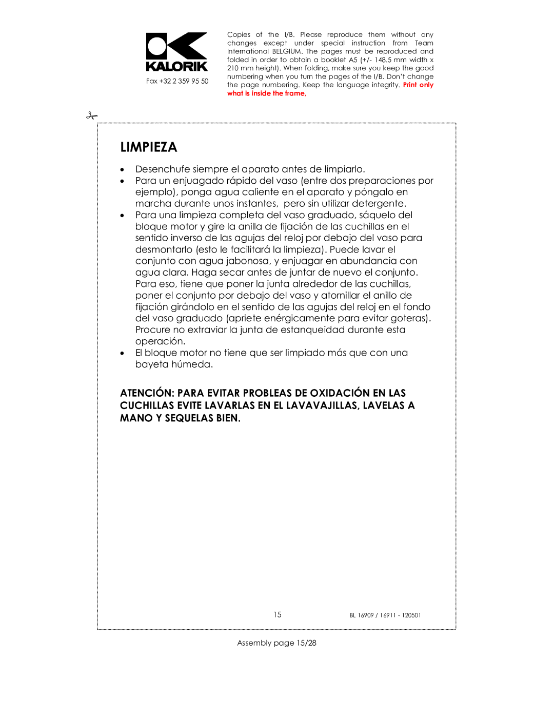 Kalorik usk bl 16909, 33029, 16911 manual Limpieza, Assembly page 15/28 