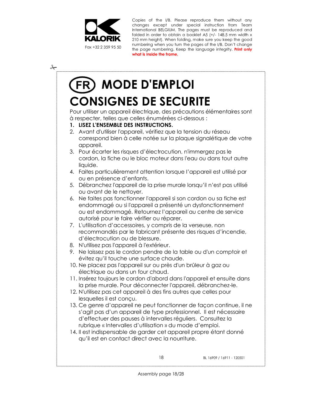 Kalorik usk bl 16909, 33029, 16911 manual Consignes DE Securite, Assembly page 18/28 