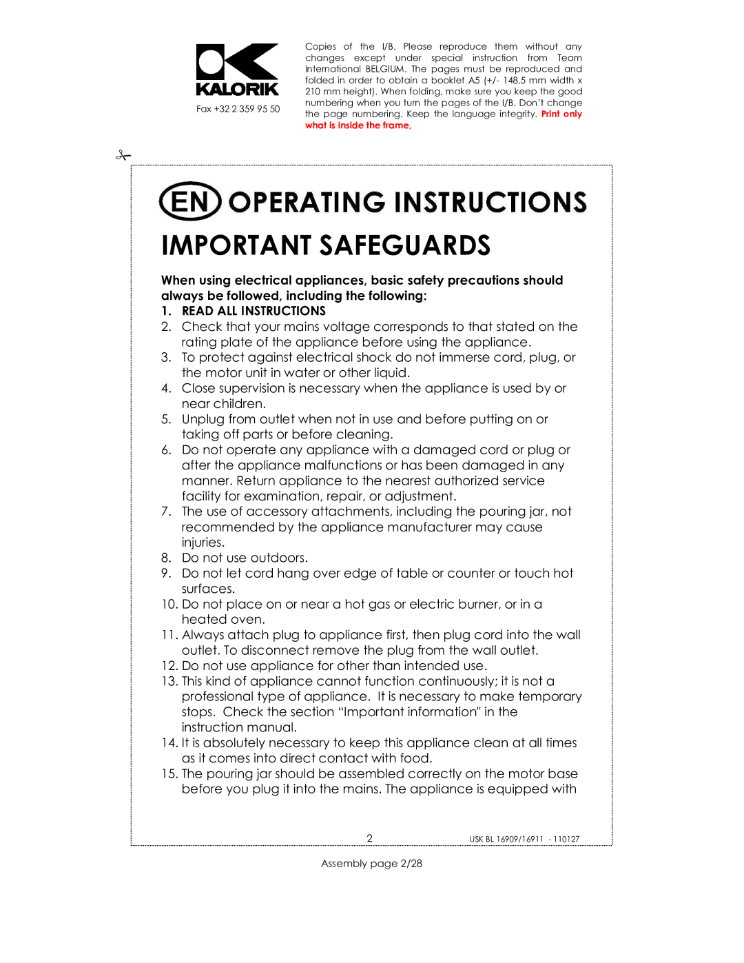 Kalorik 16911, usk bl 16909, 33029 manual Important Safeguards, Assembly page 2/28 