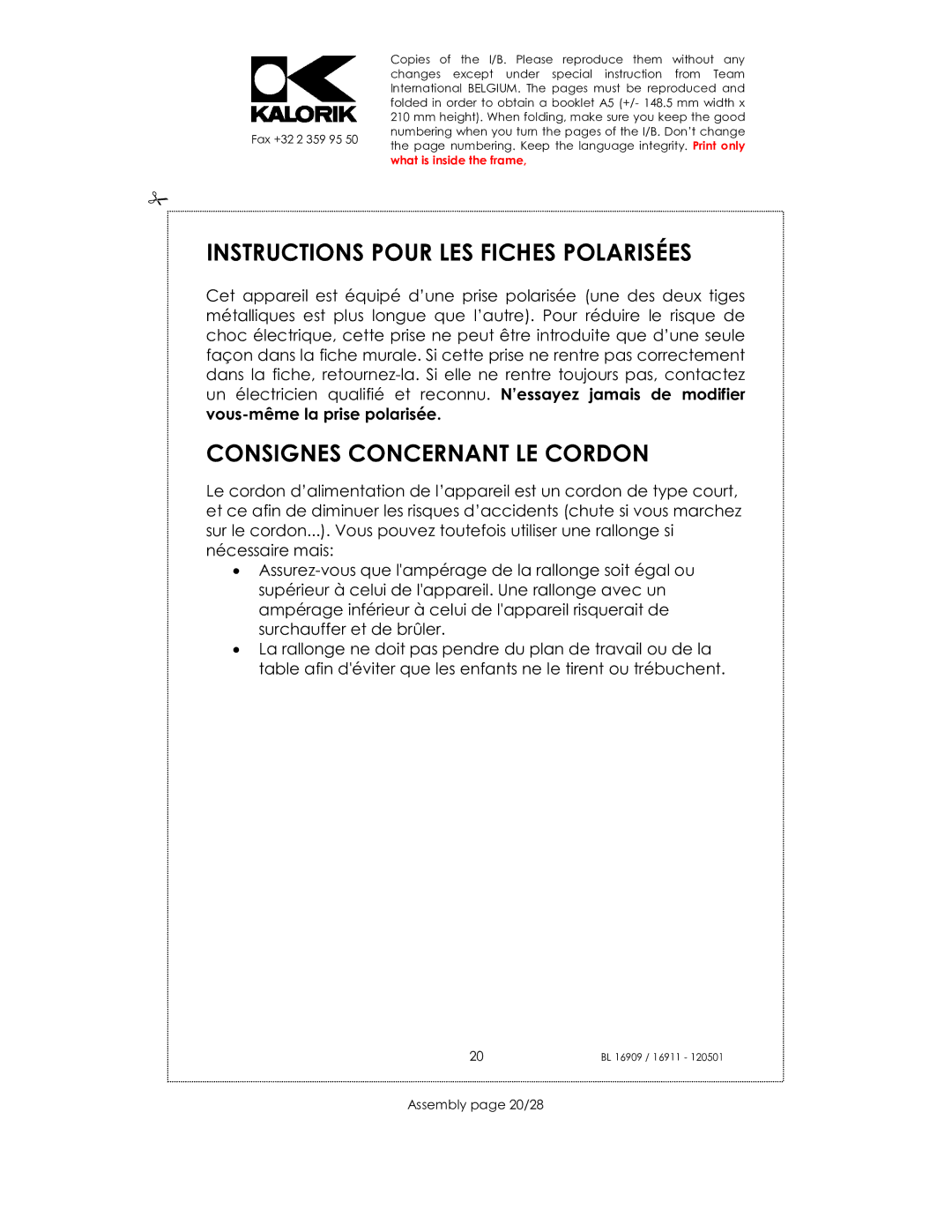 Kalorik 16911, usk bl 16909 Instructions Pour LES Fiches Polarisées, Consignes Concernant LE Cordon, Assembly page 20/28 