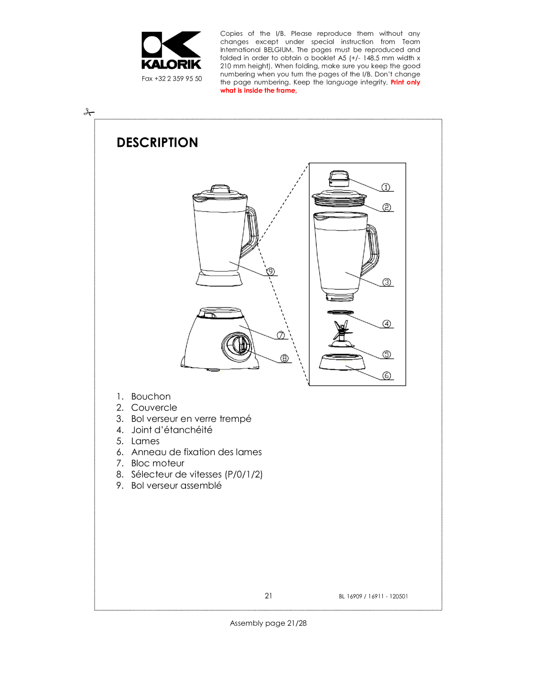 Kalorik usk bl 16909, 33029, 16911 manual Description, Assembly page 21/28 