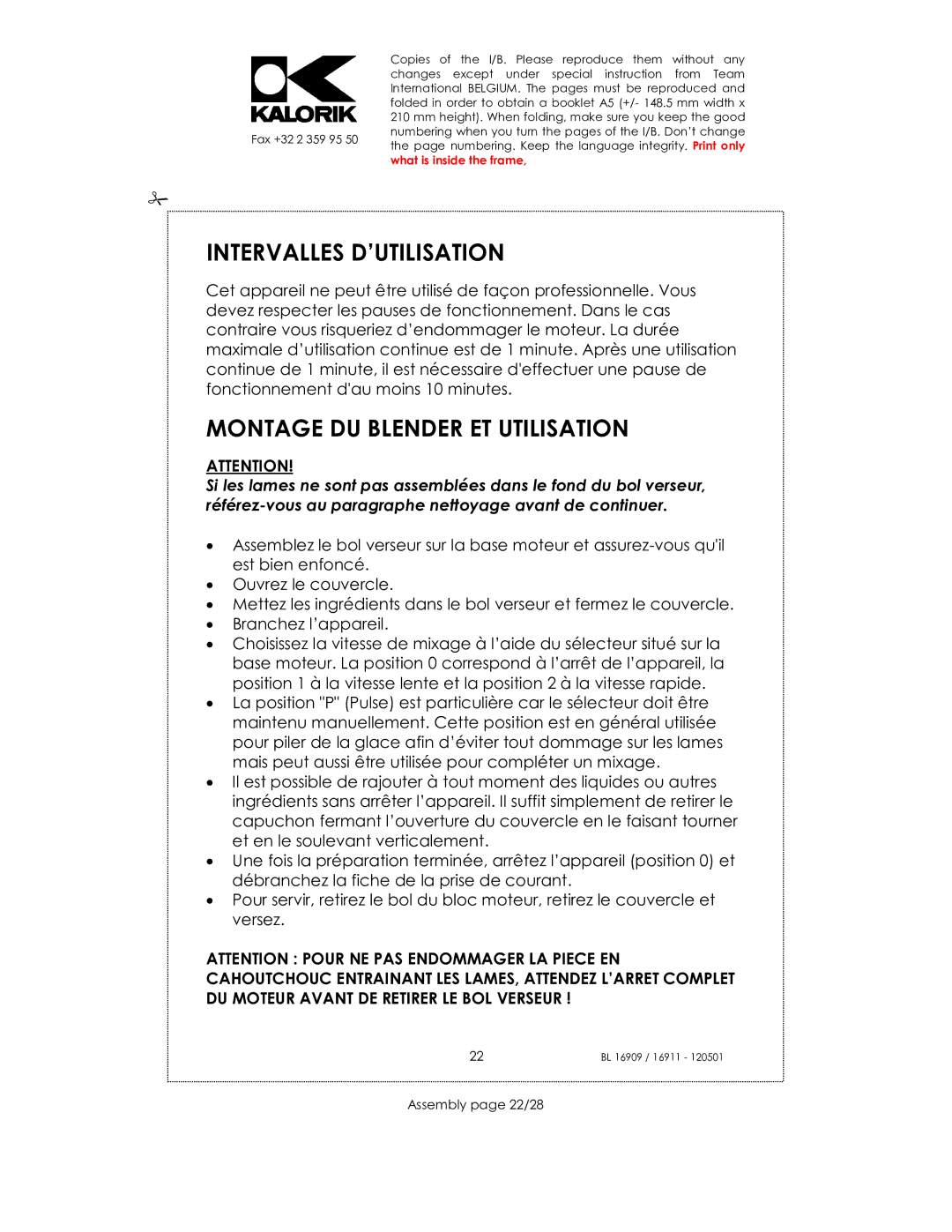 Kalorik 33029, usk bl 16909, 16911 manual Intervalles D’UTILISATION, Montage DU Blender ET Utilisation, Assembly page 22/28 