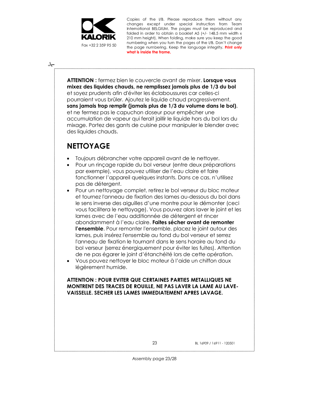 Kalorik 16911, usk bl 16909, 33029 manual Nettoyage, Assembly page 23/28 