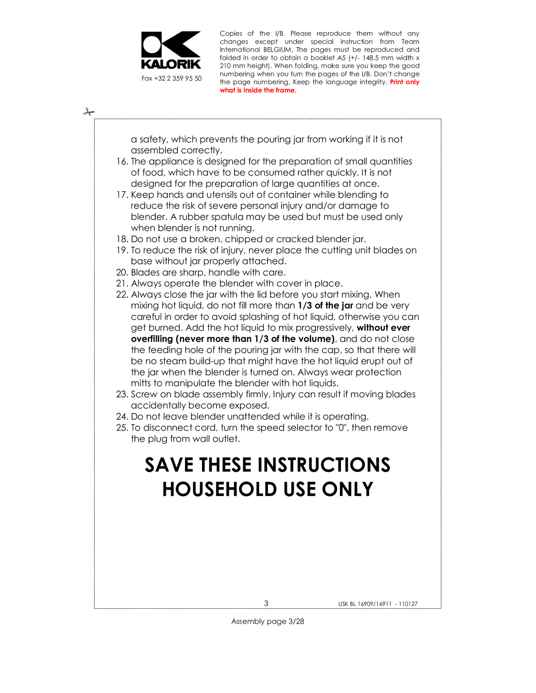 Kalorik usk bl 16909, 33029, 16911 manual Household USE only, Assembly page 3/28 