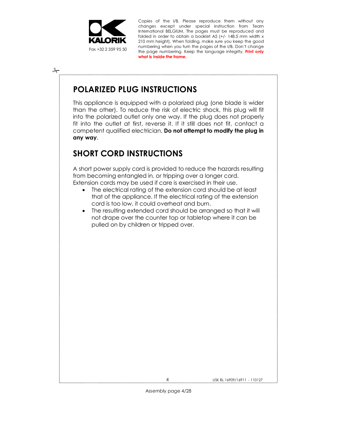 Kalorik 33029, usk bl 16909, 16911 manual Polarized Plug Instructions, Short Cord Instructions, Assembly page 4/28 