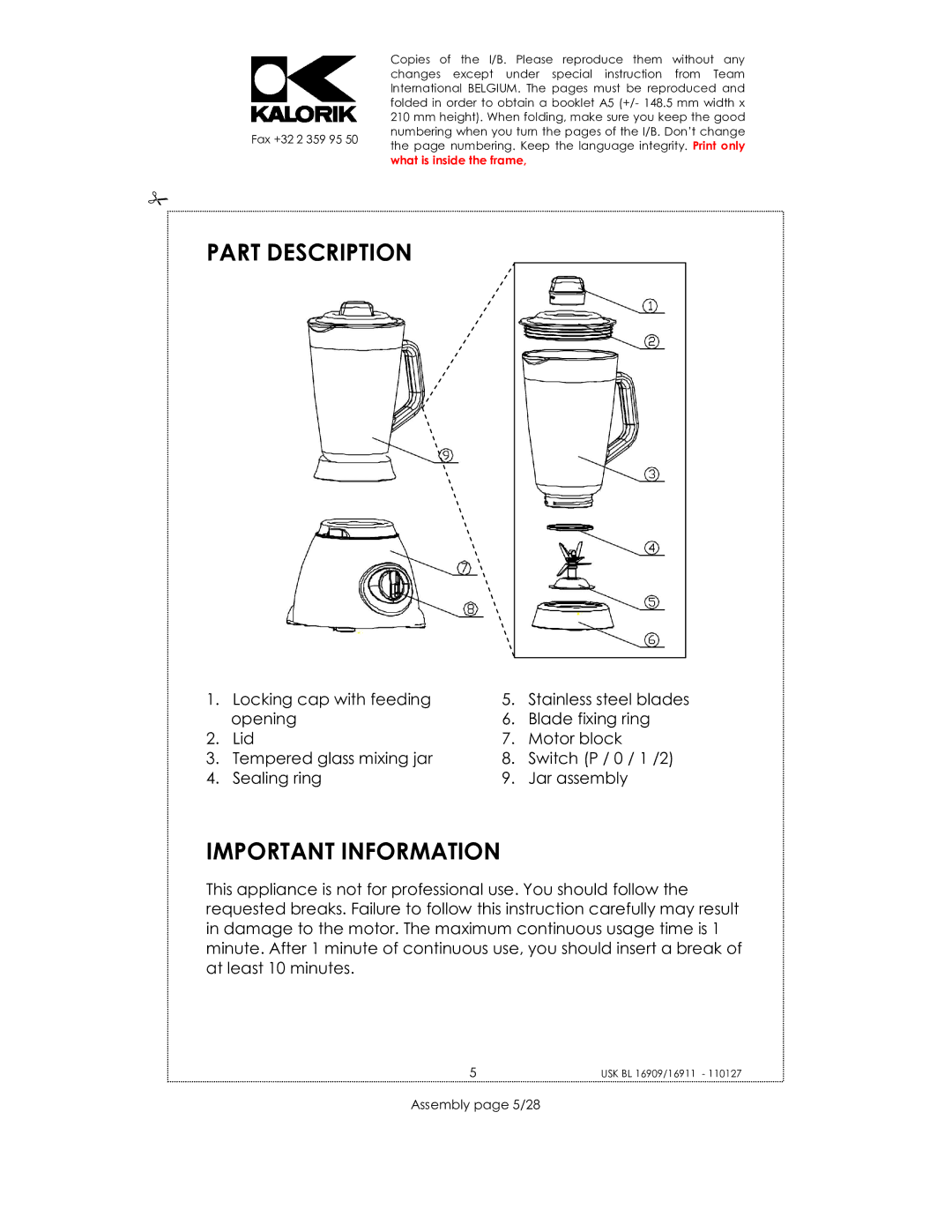 Kalorik 16911, usk bl 16909, 33029 manual Part Description, Important Information, Assembly page 5/28 