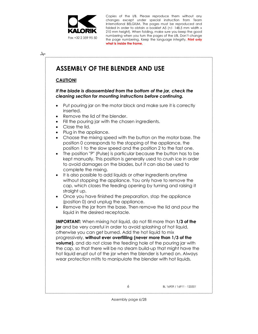 Kalorik usk bl 16909, 33029, 16911 manual Assembly of the Blender and USE, Assembly page 6/28 