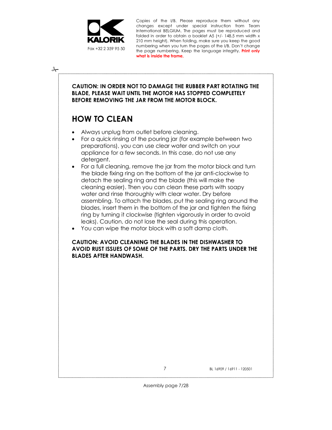 Kalorik 33029, usk bl 16909, 16911 manual HOW to Clean, Assembly page 7/28 