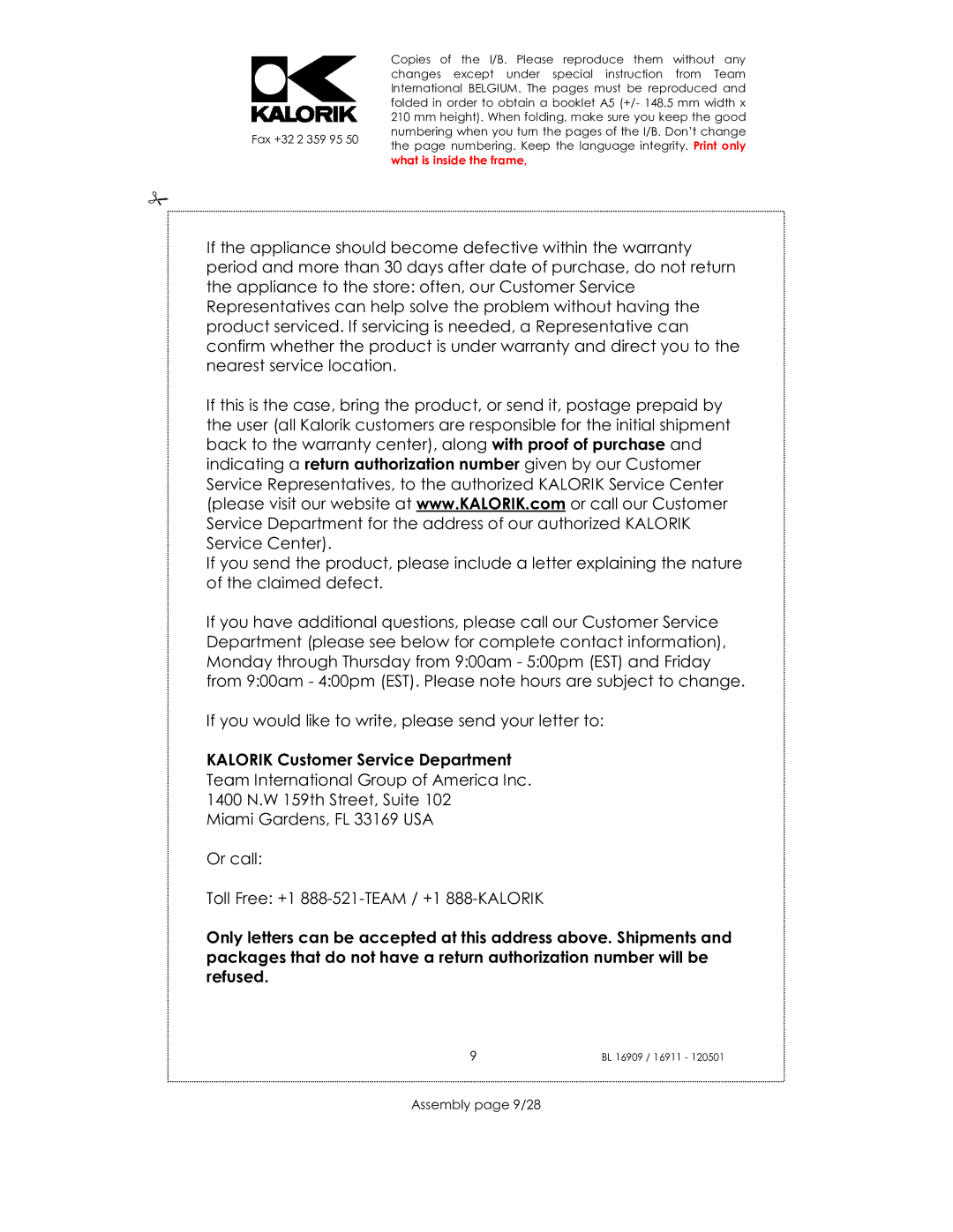 Kalorik usk bl 16909, 33029, 16911 manual Kalorik Customer Service Department, Assembly page 9/28 