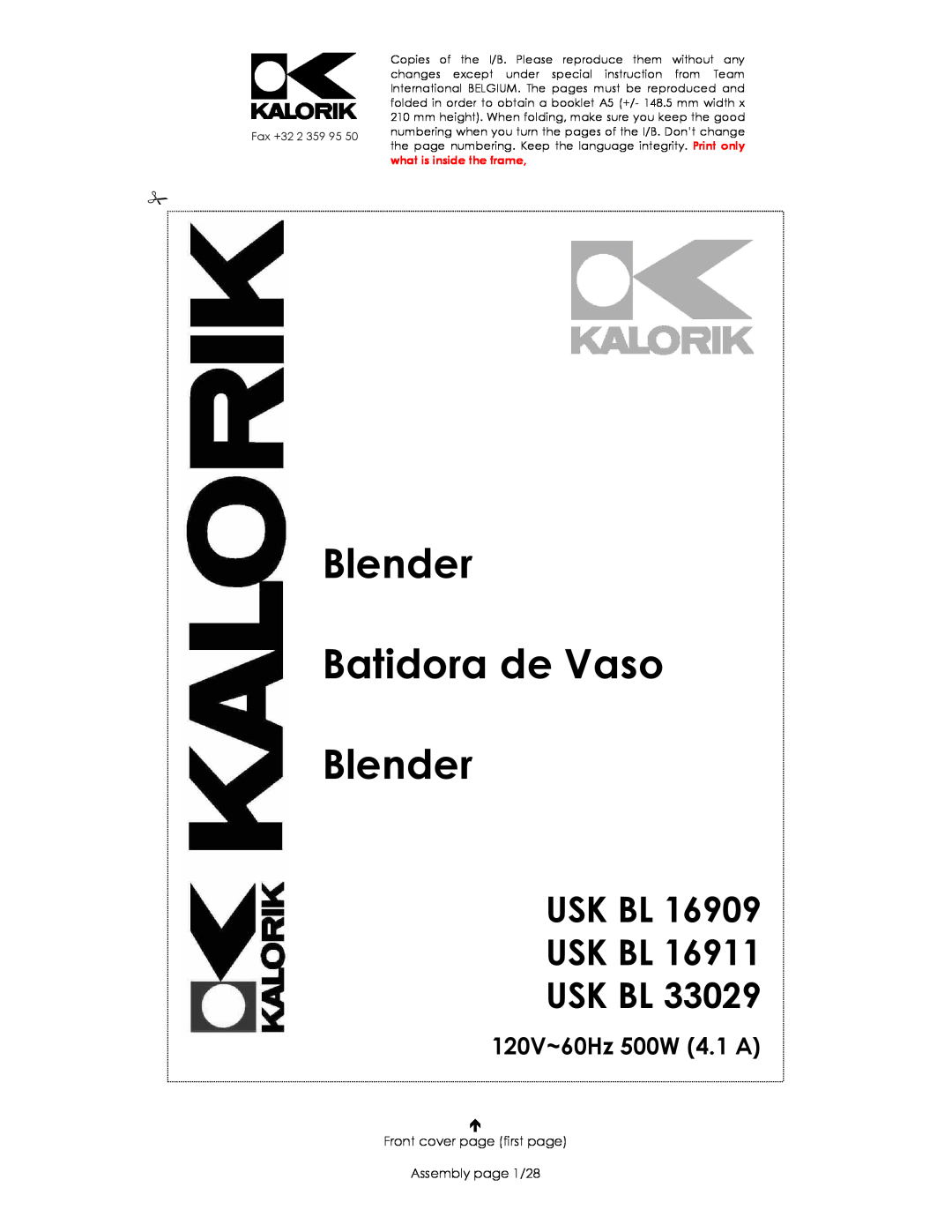 Kalorik USK BL 16911, usk bl 16909 manual Usk Bl Usk Bl Usk Bl, 120V~60Hz 500W, Blender Batidora de Vaso Blender 
