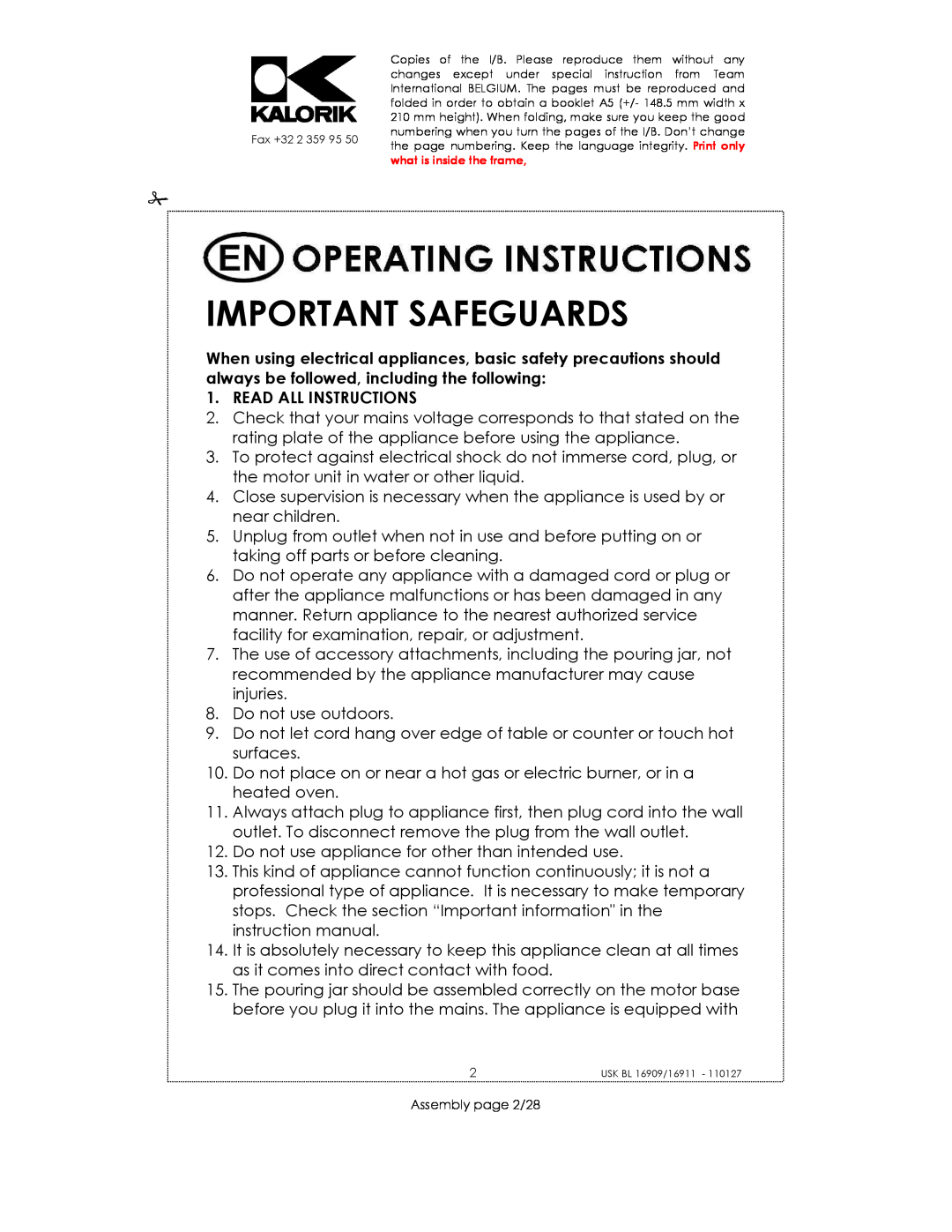 Kalorik 16911, usk bl 16909, 33029 manual Important Safeguards, Read All Instructions 