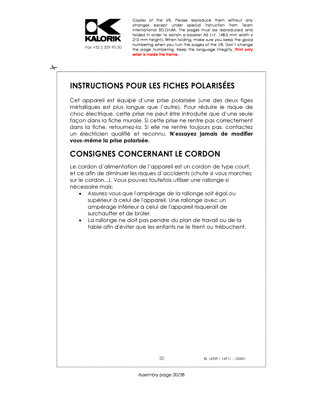 Kalorik 16911, usk bl 16909 Instructions Pour Les Fiches Polarisées, Consignes Concernant Le Cordon, Assembly page 20/28 