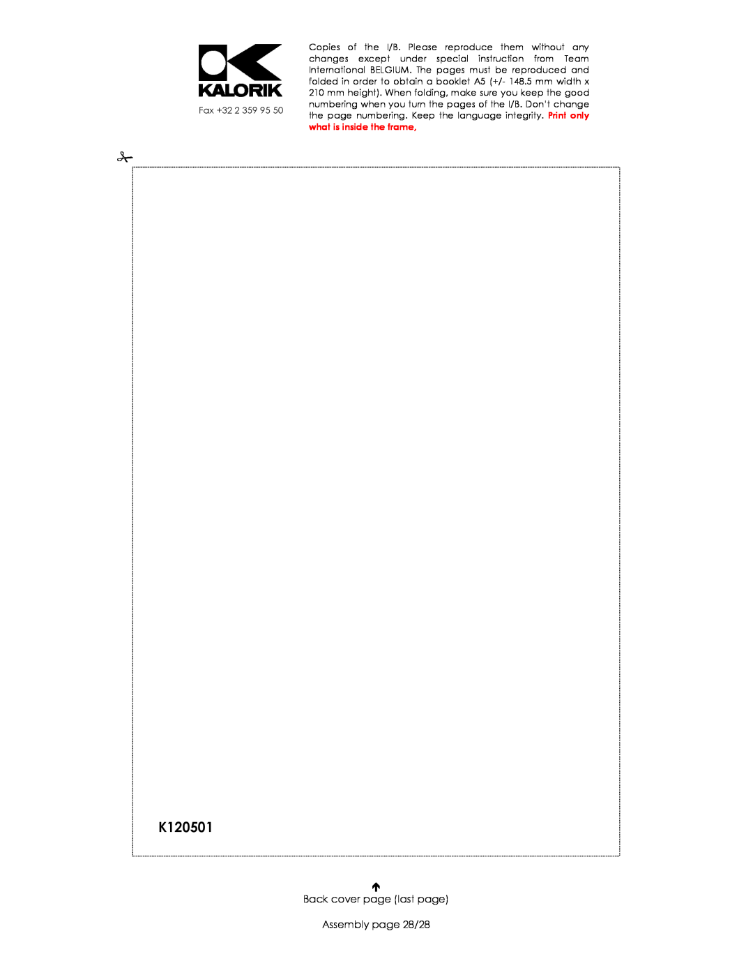 Kalorik 33029, usk bl 16909, 16911 manual K120501, Back cover page last page Assembly page 28/28 