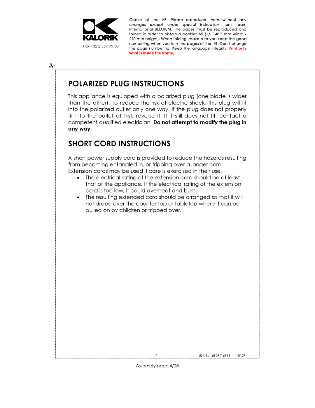 Kalorik 33029, usk bl 16909, 16911 manual Polarized Plug Instructions, Short Cord Instructions, Assembly page 4/28 