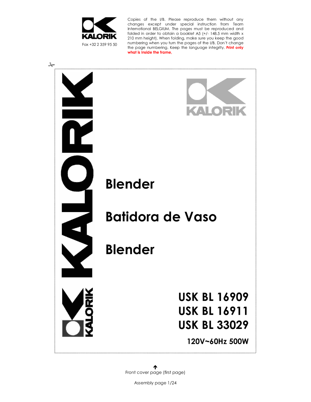 Kalorik USK BL 16911, usk bl 16909, USK BL 33029 manual Blender Batidora de Vaso, Front cover page first Assembly page 1/24 