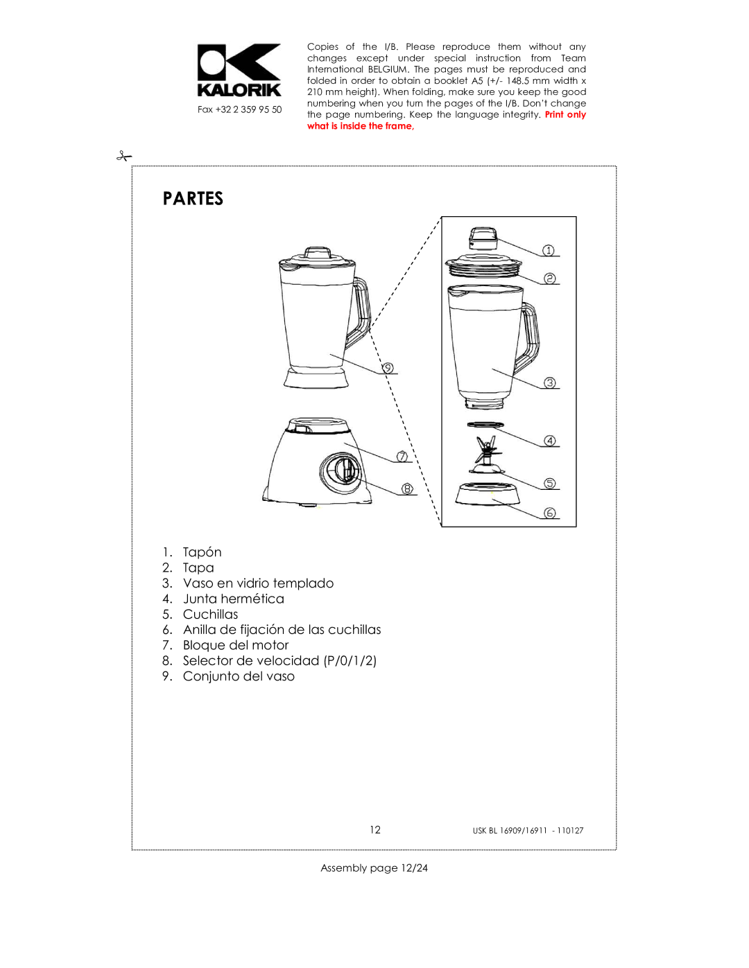 Kalorik usk bl 16909, USK BL 16911, USK BL 33029 manual Partes, Assembly page 12/24 