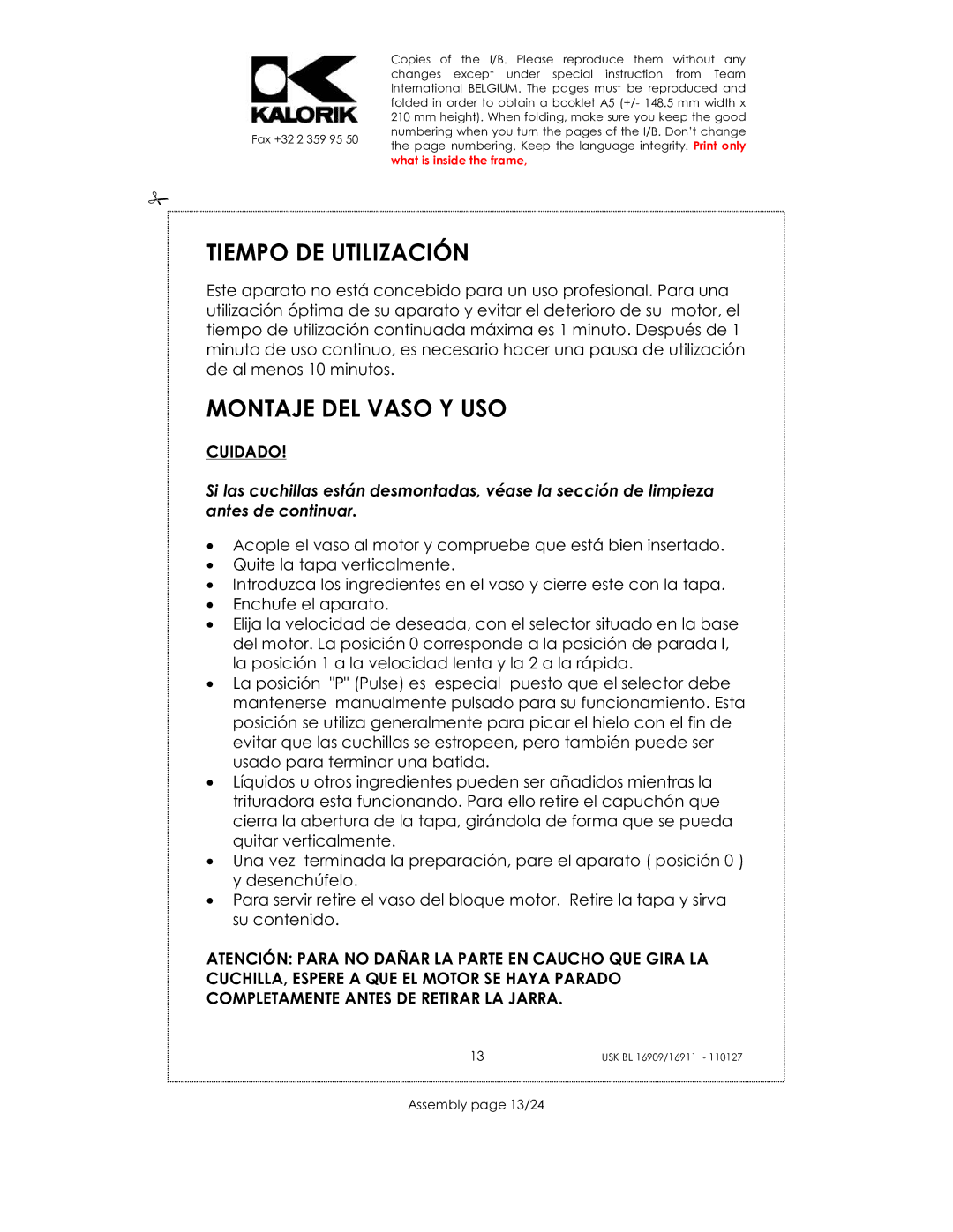 Kalorik USK BL 16911, usk bl 16909, USK BL 33029 manual Tiempo DE Utilización, Montaje DEL Vaso Y USO, Assembly page 13/24 