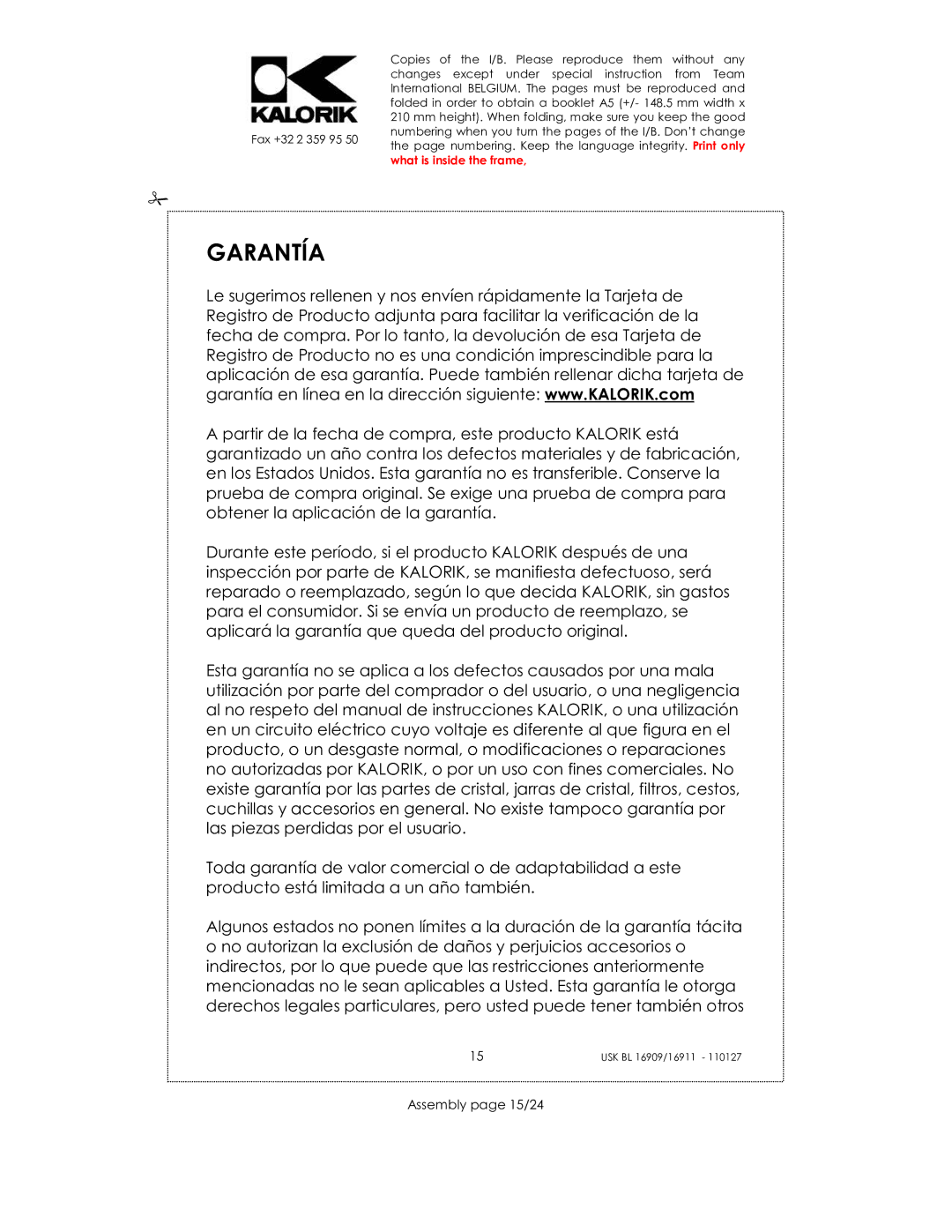 Kalorik usk bl 16909, USK BL 16911, USK BL 33029 manual Garantía, Assembly page 15/24 