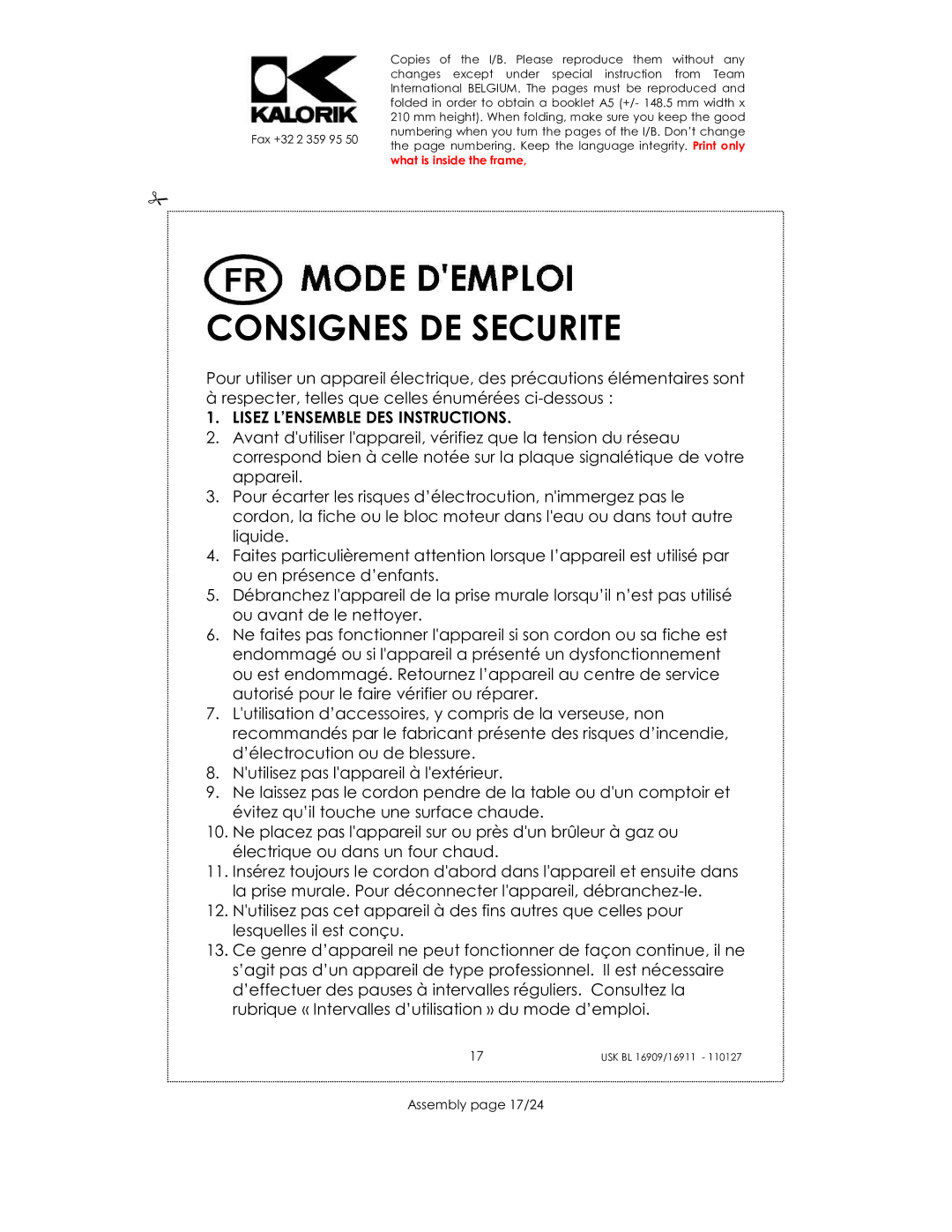 Kalorik USK BL 33029, usk bl 16909, USK BL 16911 manual Consignes DE Securite, Assembly page 17/24 