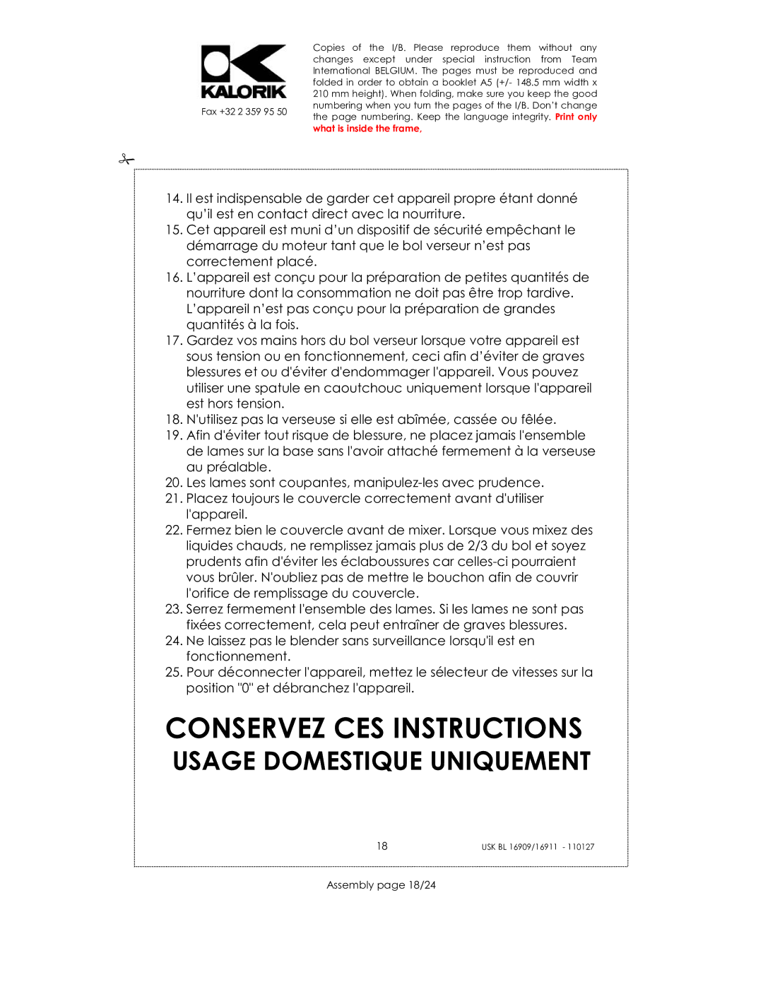 Kalorik usk bl 16909, USK BL 16911, USK BL 33029 manual Conservez CES Instructions, Assembly page 18/24 