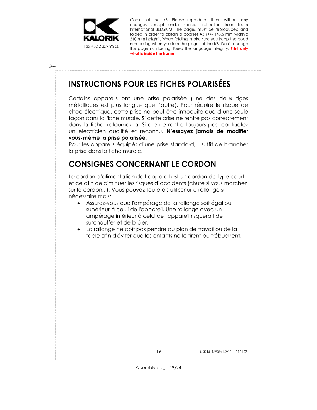 Kalorik USK BL 16911 manual Instructions Pour LES Fiches Polarisées, Consignes Concernant LE Cordon, Assembly page 19/24 