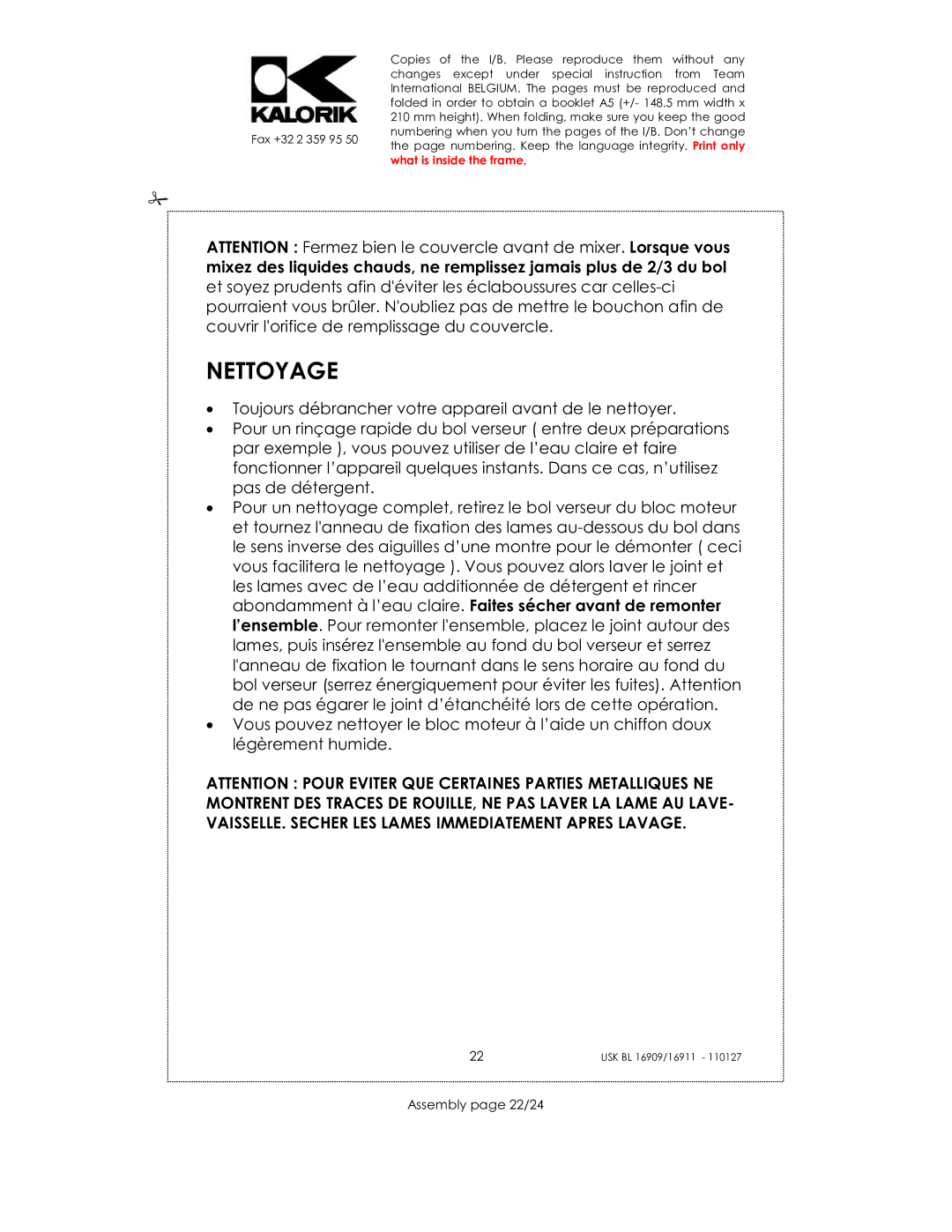 Kalorik USK BL 16911, usk bl 16909, USK BL 33029 manual Nettoyage, Assembly page 22/24 