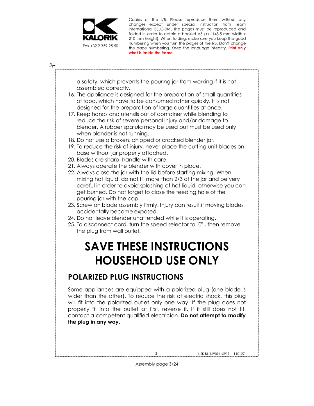 Kalorik usk bl 16909, USK BL 16911, USK BL 33029 manual Household USE only, Polarized Plug Instructions, Assembly page 3/24 