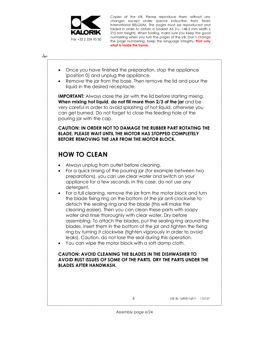 Kalorik usk bl 16909, USK BL 16911, USK BL 33029 manual HOW to Clean, Assembly page 6/24 