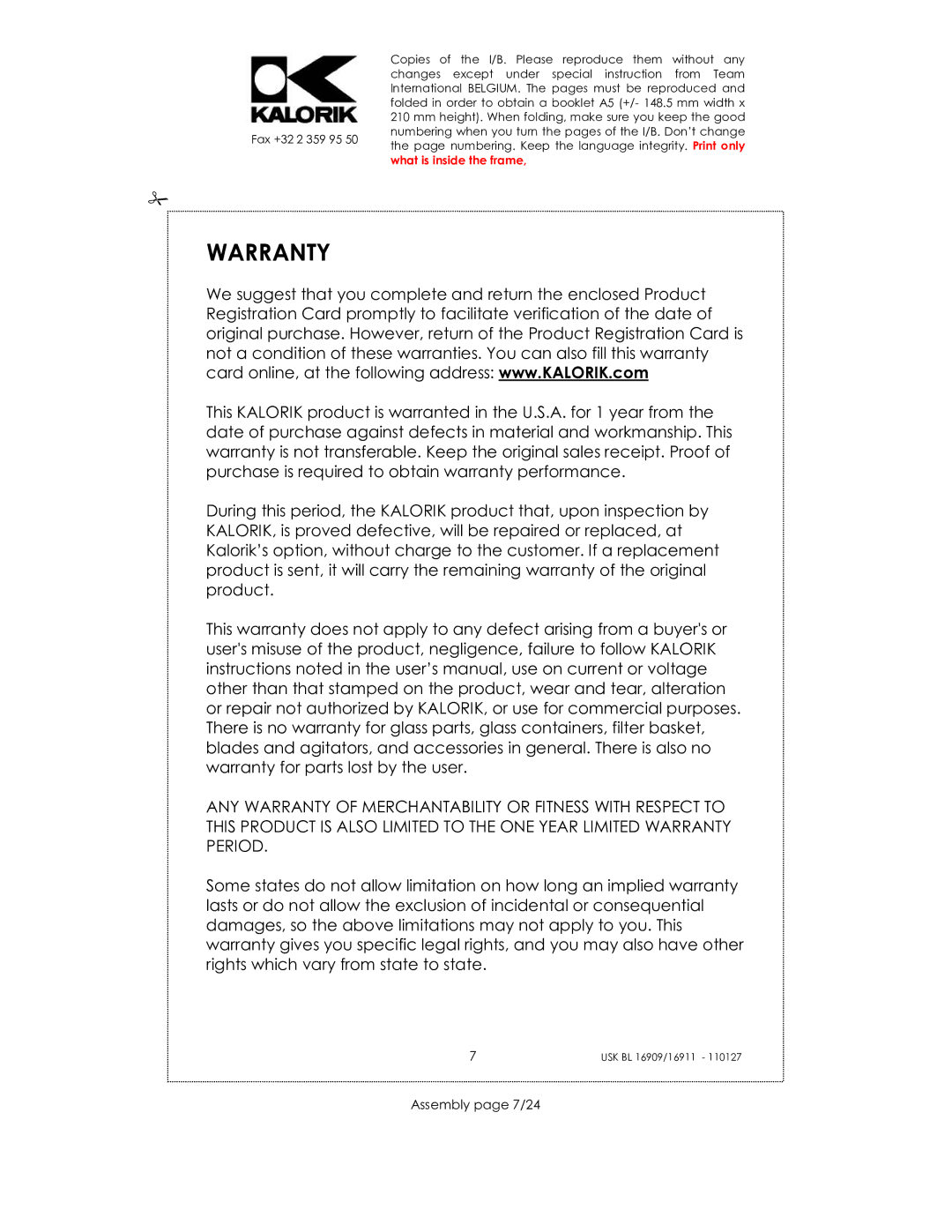 Kalorik USK BL 16911, usk bl 16909, USK BL 33029 manual Warranty, Assembly page 7/24 