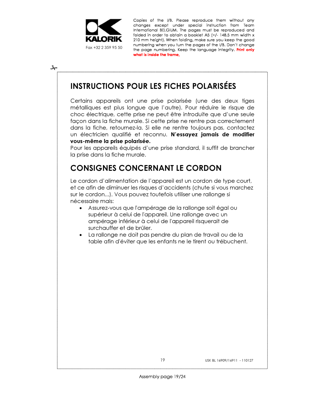 Kalorik USK BL 16911 manual Instructions Pour Les Fiches Polarisées, Consignes Concernant Le Cordon, Assembly page 19/24 