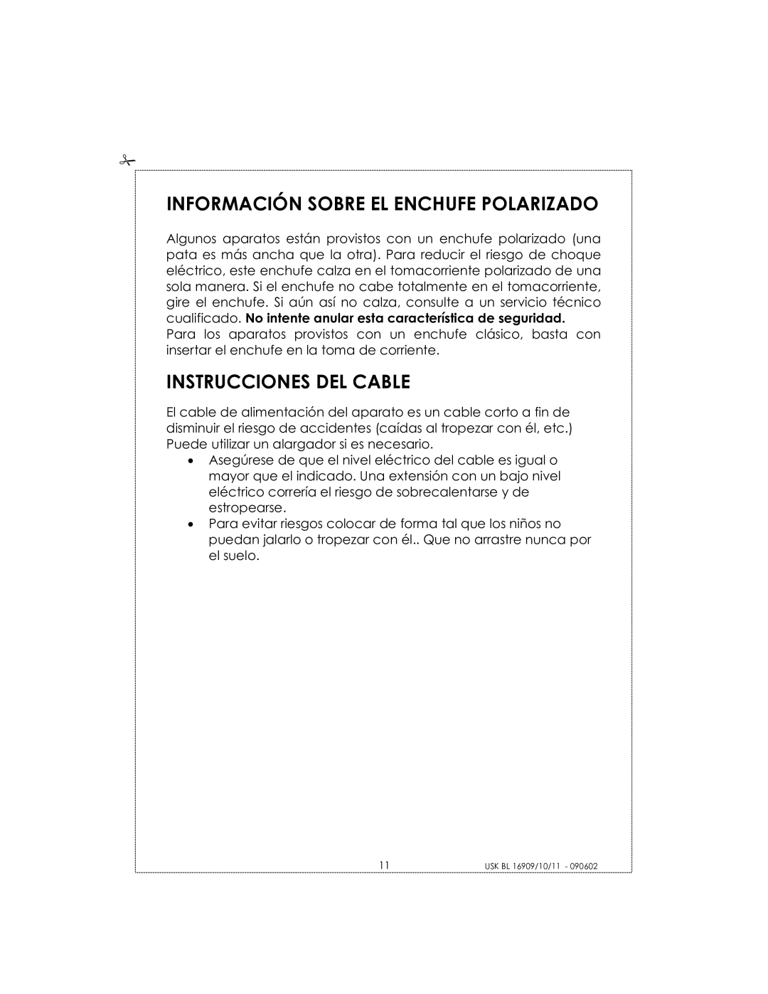 Kalorik USK BL 16910 manual Información Sobre EL Enchufe Polarizado, Instrucciones DEL Cable 