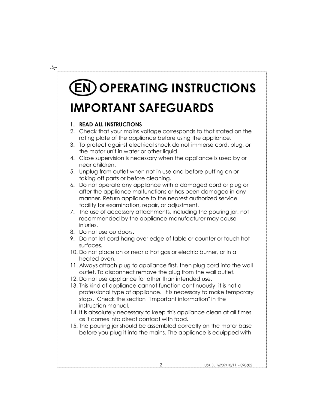 Kalorik USK BL 16910 manual Important Safeguards, Read ALL Instructions 