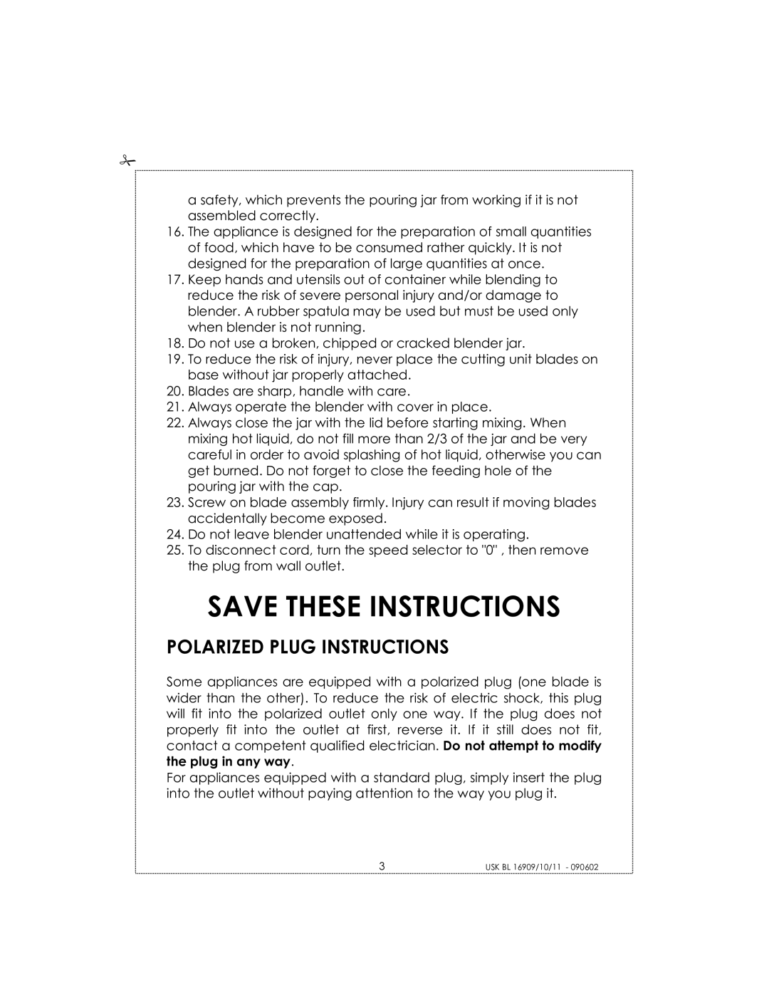 Kalorik USK BL 16910 manual Polarized Plug Instructions 