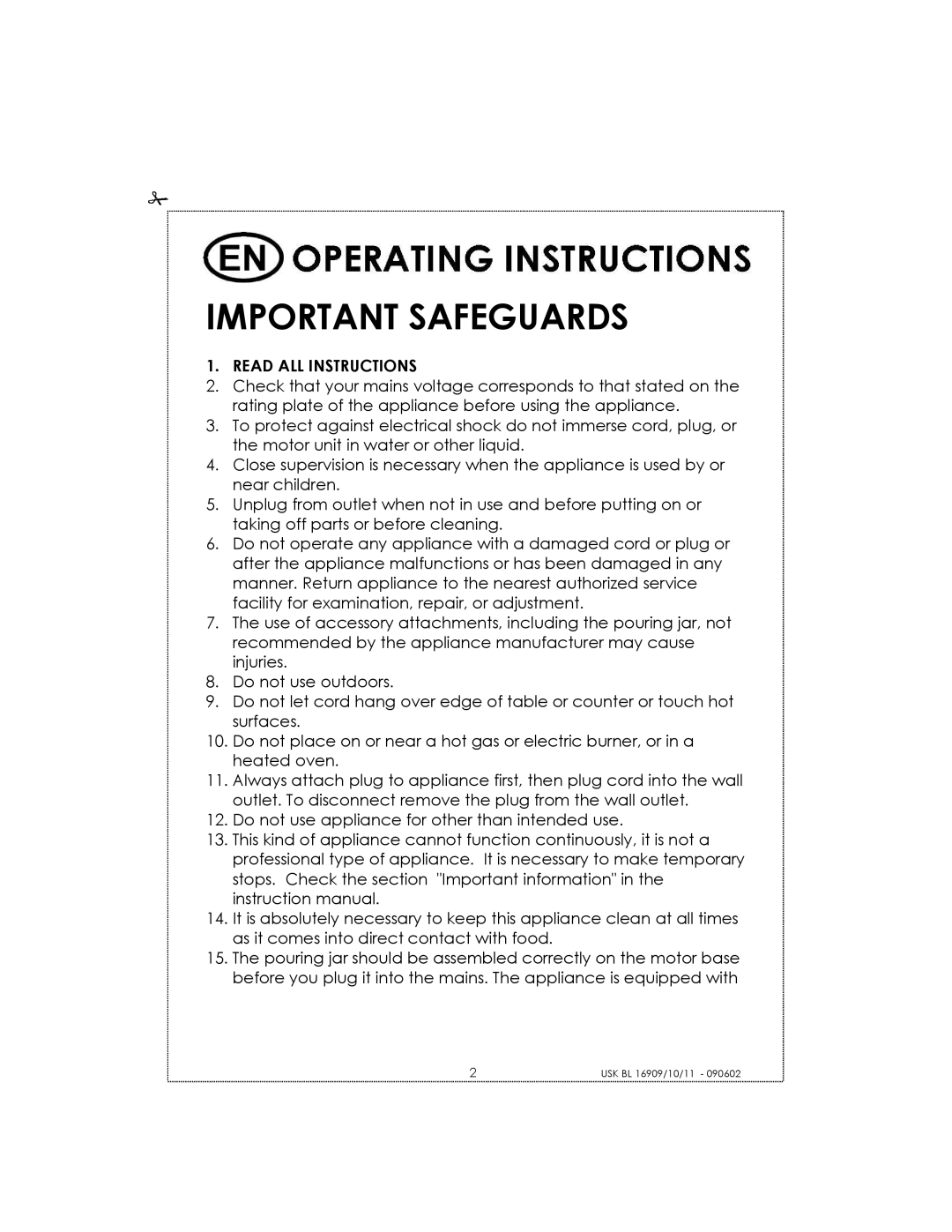 Kalorik USK BL 16910 manual Important Safeguards 