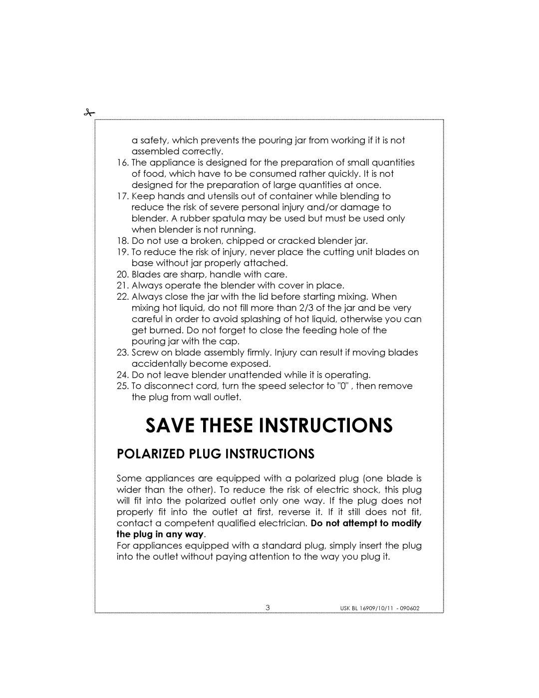 Kalorik USK BL 16910 manual Save These Instructions, Polarized Plug Instructions 