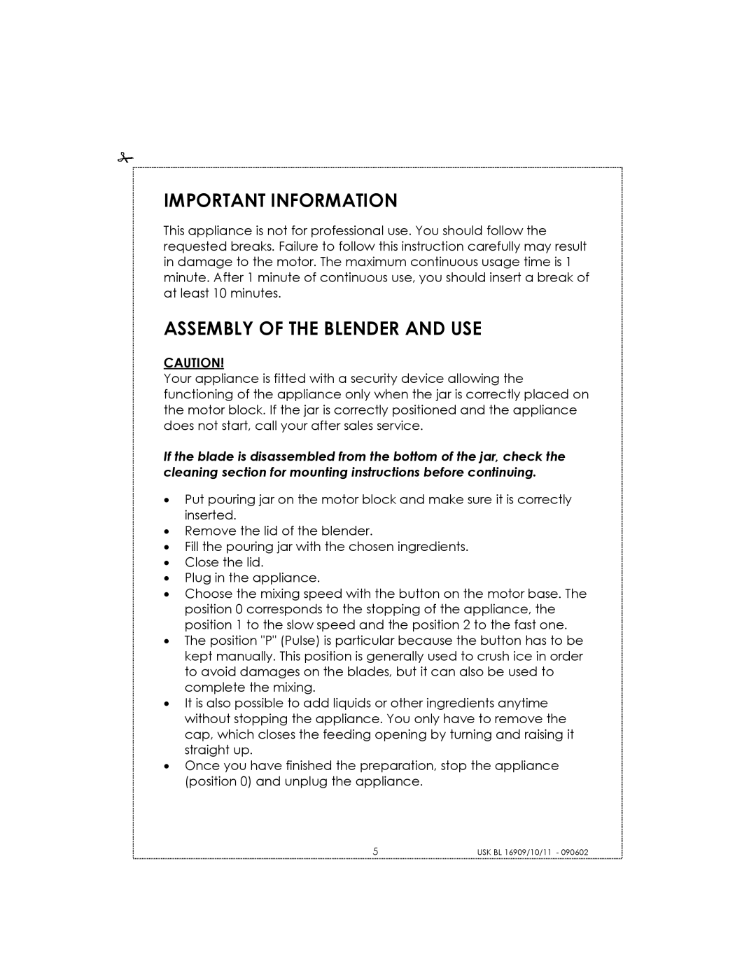 Kalorik USK BL 16910 manual Important Information, Assembly Of The Blender And Use 
