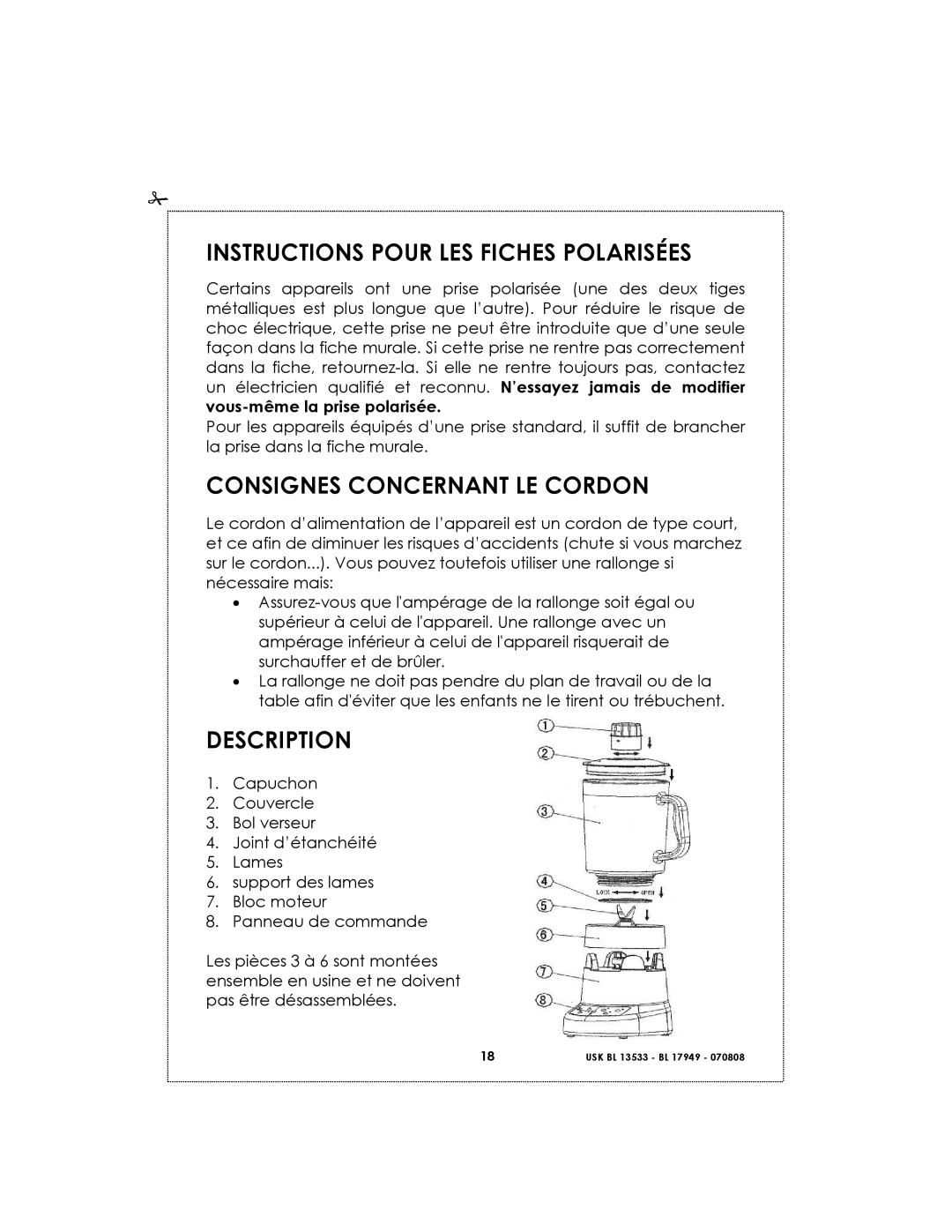 Kalorik USK BL 13533, USK BL 17949 Instructions Pour Les Fiches Polarisées, Consignes Concernant Le Cordon, Description 