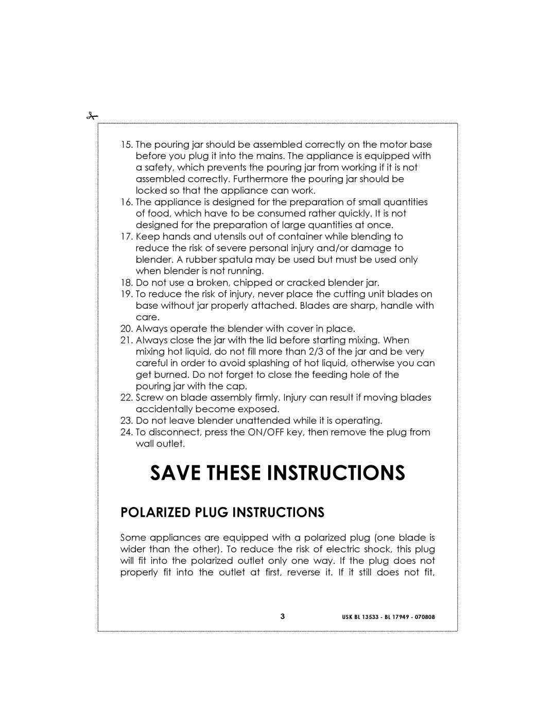 Kalorik USK BL 17949 BL 1, USK BL 13533 BL 6 manual Save These Instructions, Polarized Plug Instructions 