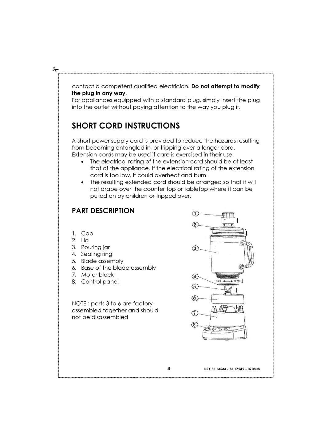 Kalorik USK BL 17949 BL 1, USK BL 13533 BL 6 manual Short Cord Instructions, Part Description 