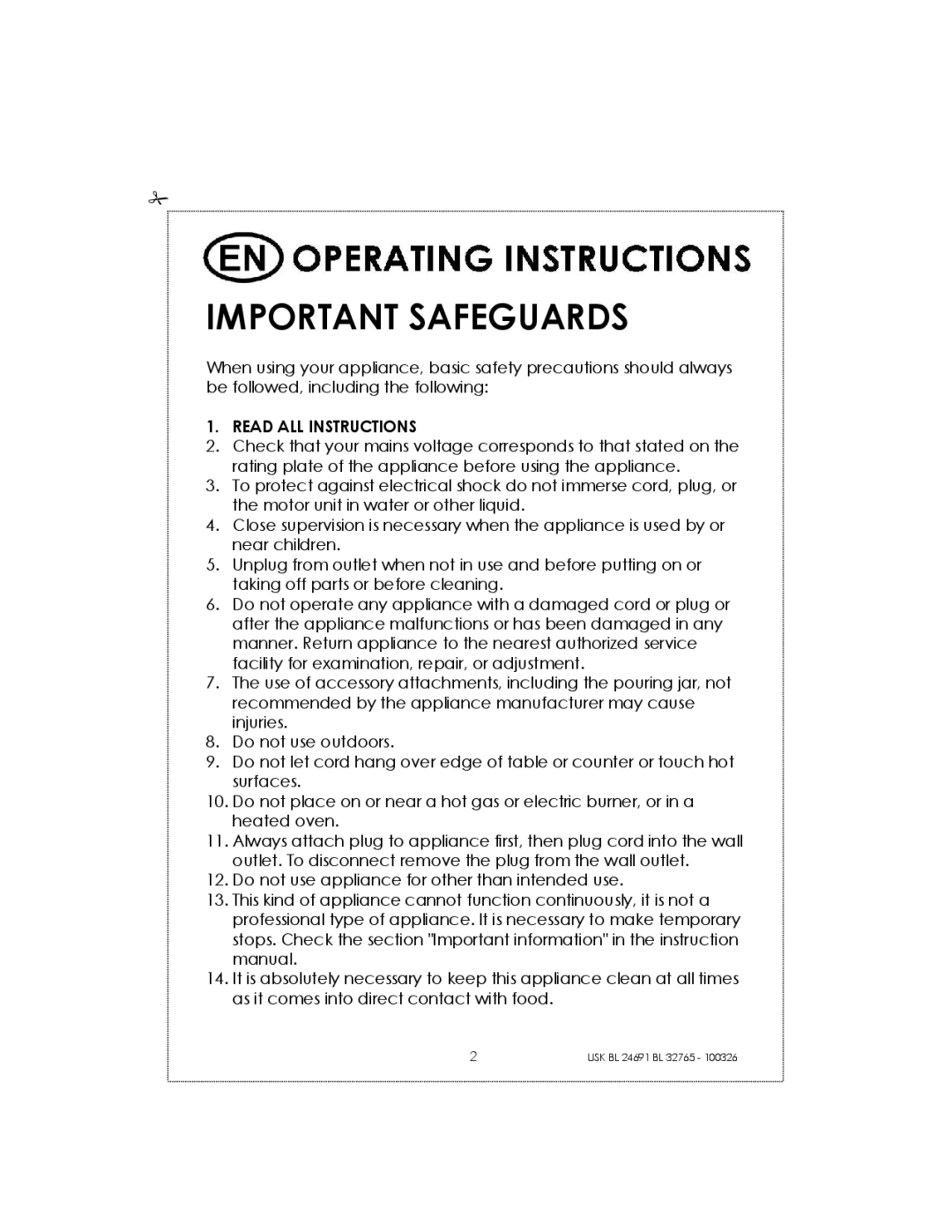 Kalorik USK BL 24691 manual Important Safeguards, Read ALL Instructions 