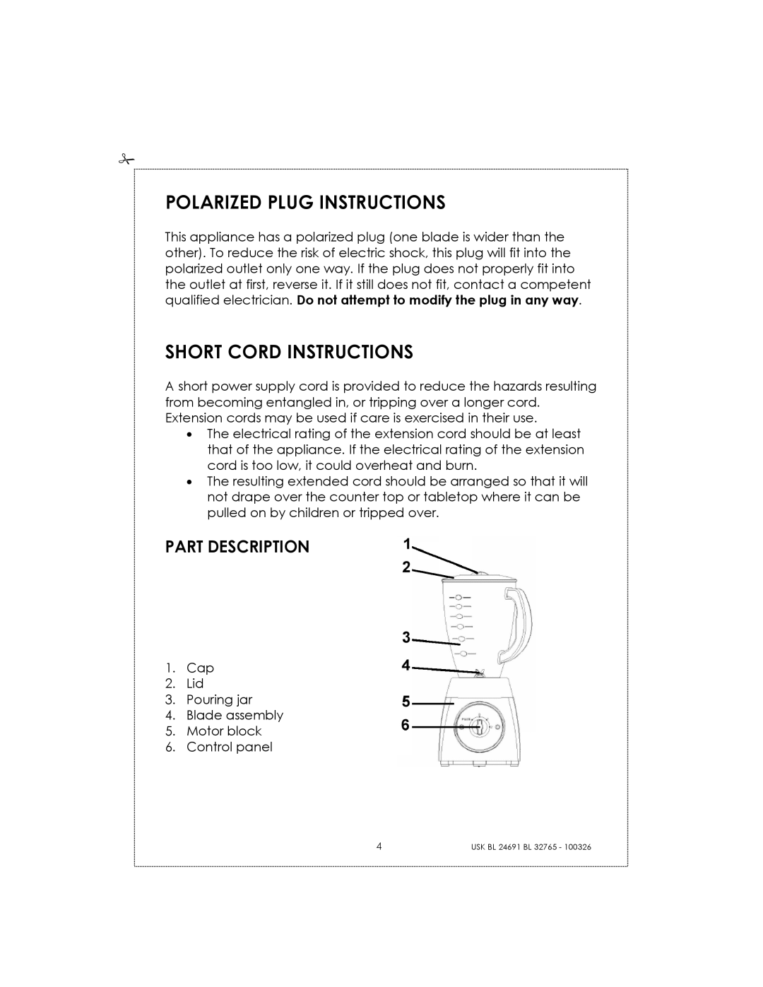 Kalorik USK BL 24691 manual Polarized Plug Instructions, Short Cord Instructions 