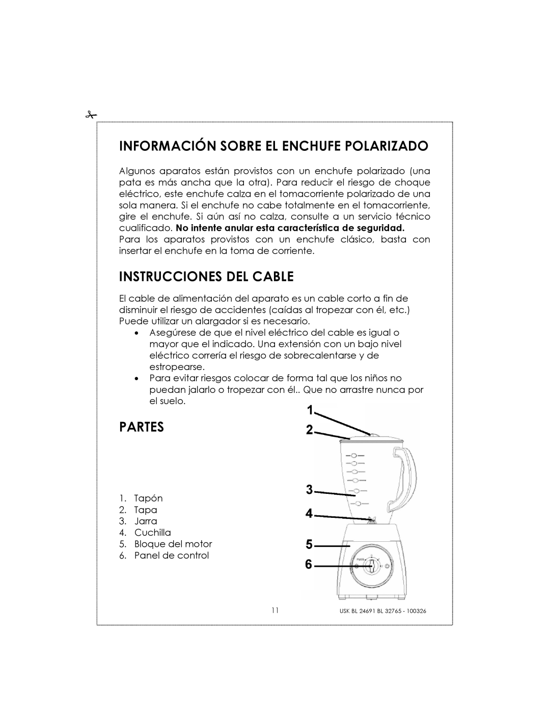 Kalorik USK BL 24691 manual Información Sobre El Enchufe Polarizado, Instrucciones Del Cable, Partes 