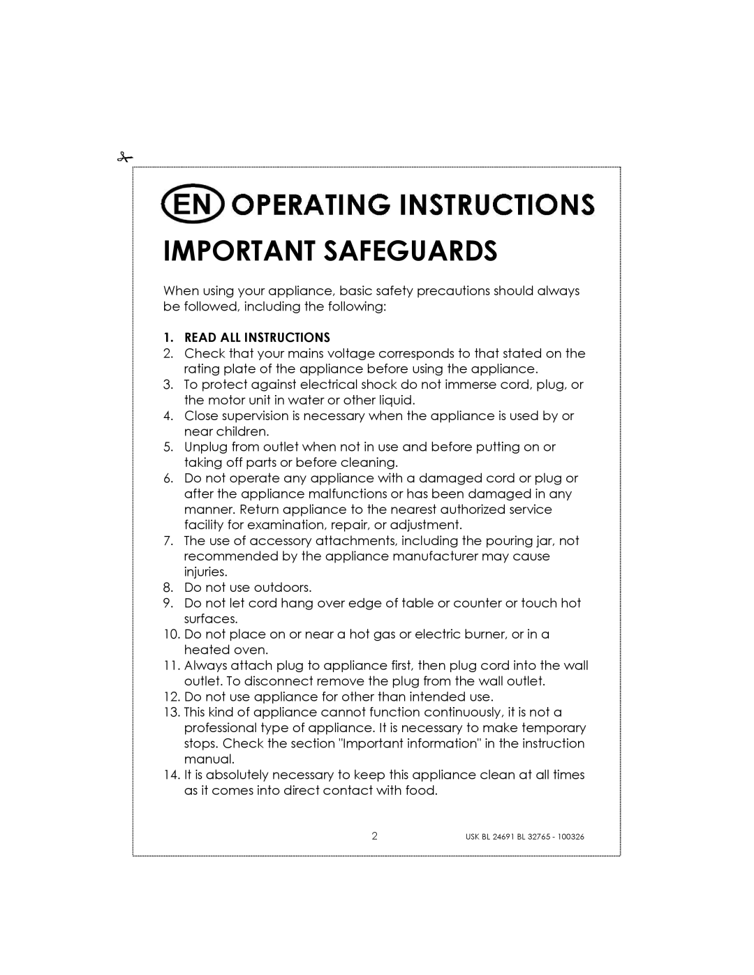 Kalorik USK BL 24691 manual Important Safeguards 