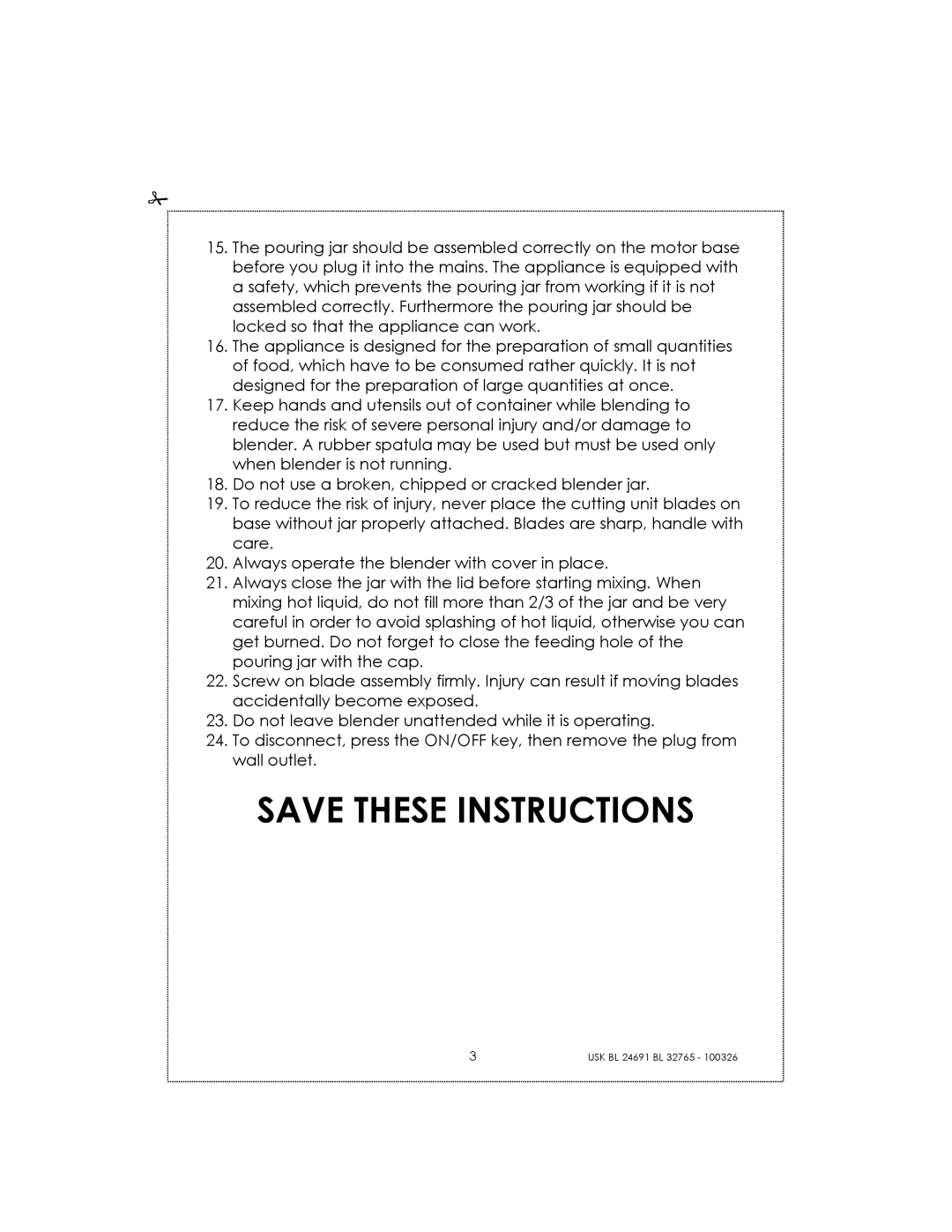 Kalorik USK BL 24691 manual Save These Instructions 