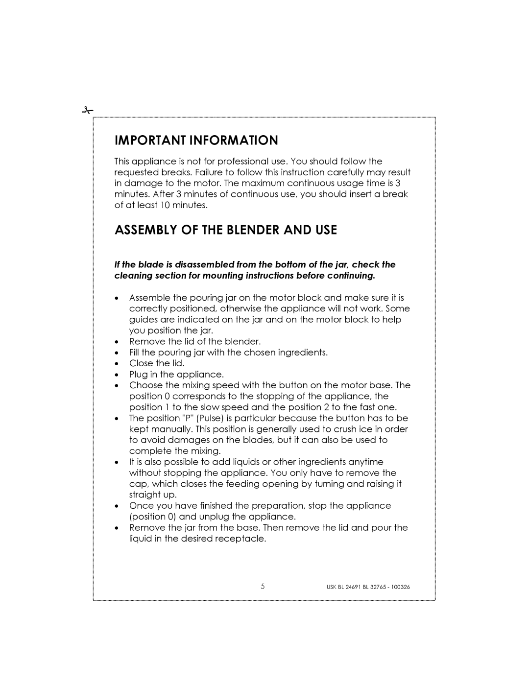 Kalorik USK BL 24691 manual Important Information, Assembly Of The Blender And Use 