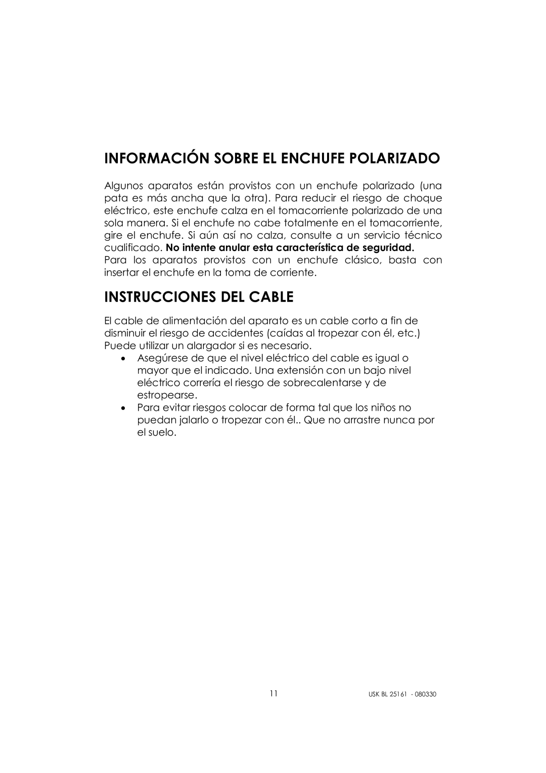 Kalorik usk bl 25161 manual Información Sobre EL Enchufe Polarizado, Instrucciones DEL Cable 