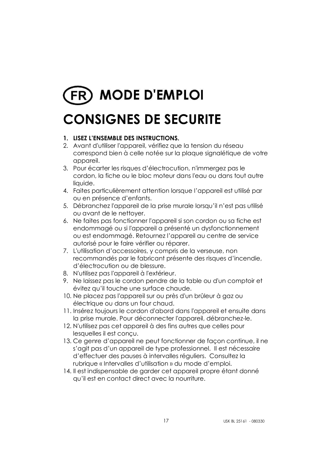 Kalorik usk bl 25161 manual Consignes DE Securite, Lisez L’ENSEMBLE DES Instructions 